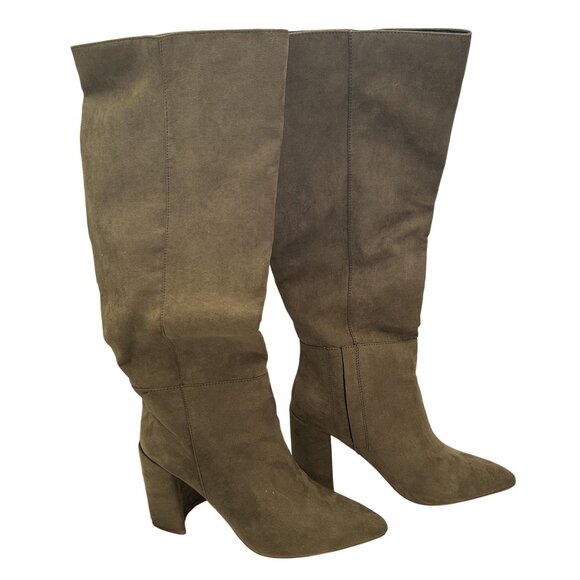 NEW Lulus SZ 8 Katari Olive Green Suede Pointed Toe Knee High Boots Block Heels - Picture 4 of 10